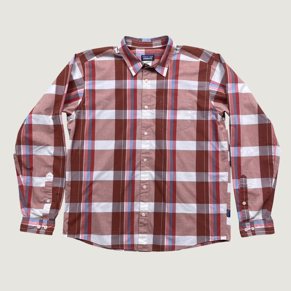 Patagonia Fezzman Shirt Mens L Long Sleeve Plaid Organic Cotton Orange Rust Red